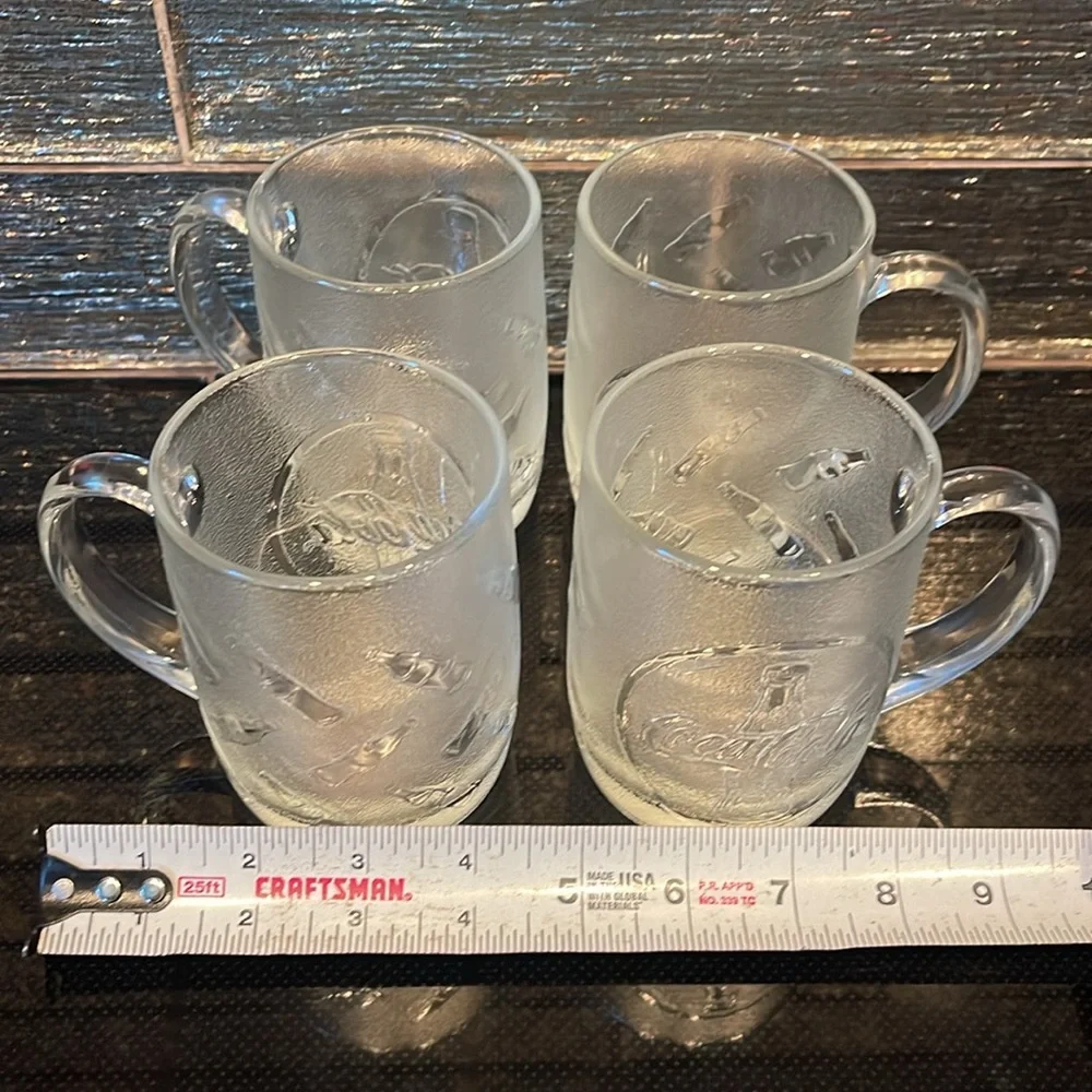 4 Set CocaCola Mugs Coffee Cups Clear Frosted Logo Icon Glasses Coke Bottle Cool